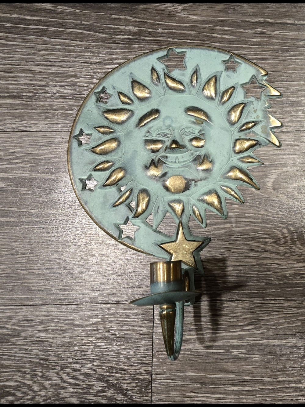 Sun & Moon Metal Taper Candle Wall Sconce - Patina Green with Gold Accents